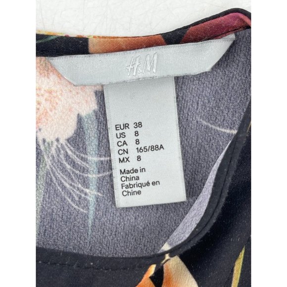 H M Women's 3/4 Sleeve Black Floral Print Slit Back Dress Size 8 - Picture 14 of 16